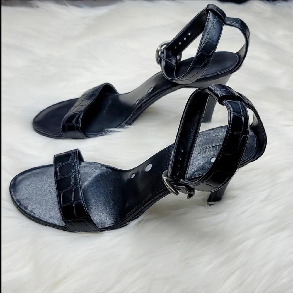 Fioni Strappy Black Leather Crocodile Alligator Print High Heels